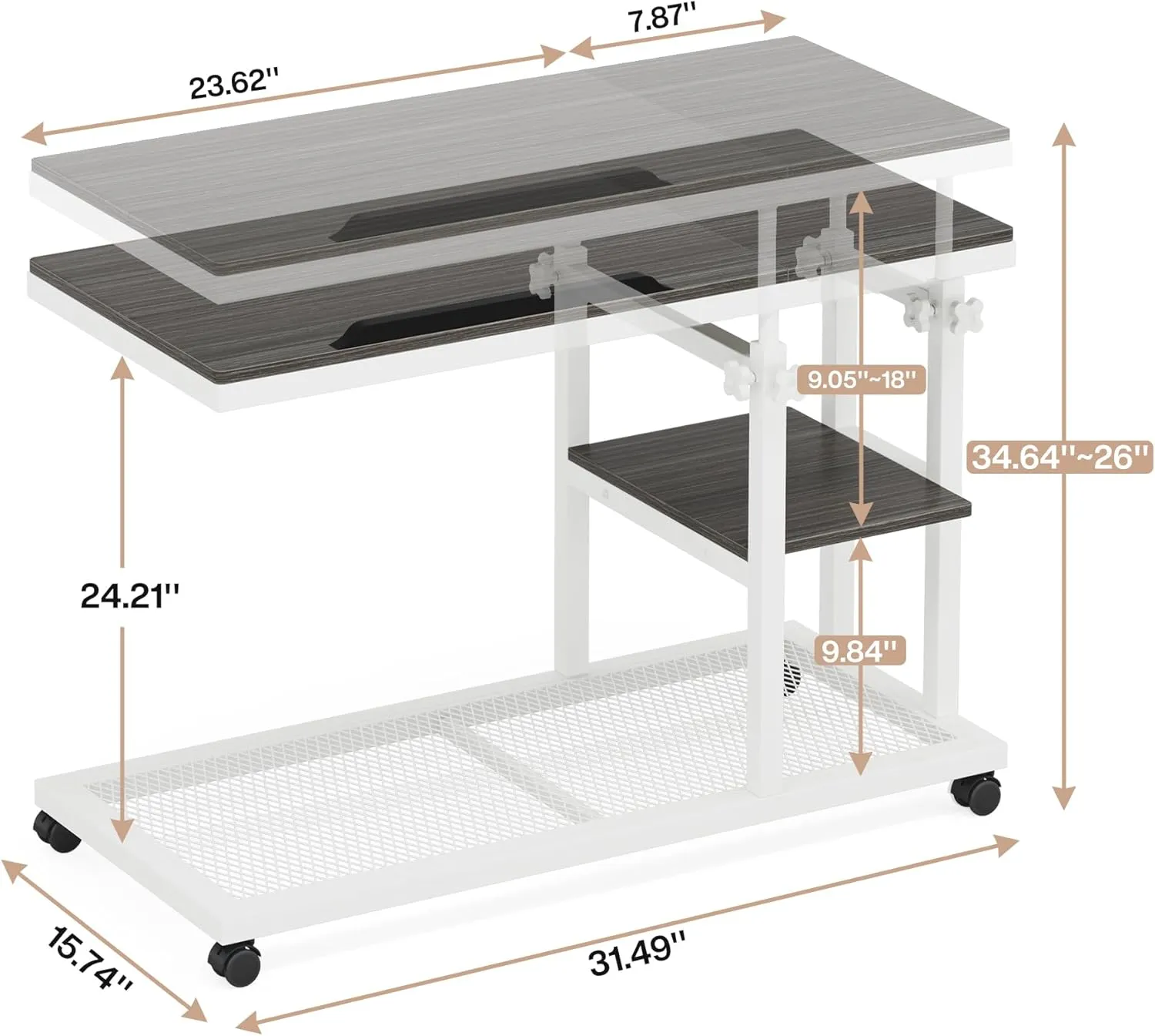 Tribesigns Height Adjustable C Table with Wheels, Mobile Couch Snack Side Table with Tiltable Drawing Board, Sofa Bedside Laptop Stand C Shaped TV Tray with Storage Shelves (Grey White)