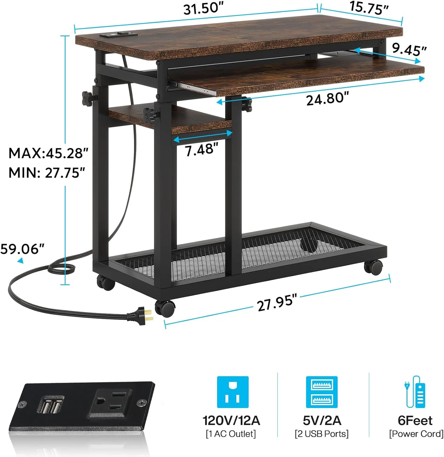 Tribesigns Small Portable Desk with Power Outlet, Height Adjustable Sofa Couch Bedside Laptop Table with Wheels, Mobile Standing Desk Rolling Computer Cart C Side Table with USB Ports