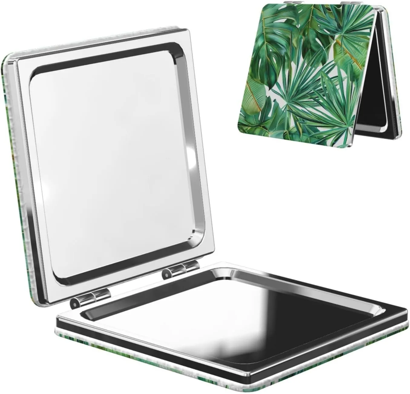 Tropical Palm Banana Leaves Printed Square Pocket Makeup Mirror with 1X/2X Magnification, Portable Mini Travel Makeup Mirror for Travel Daily Work Beauty