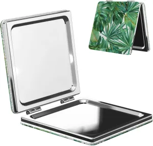 Tropical Palm Banana Leaves Printed Square Pocket Makeup Mirror with 1X/2X Magnification, Portable Mini Travel Makeup Mirror for Travel Daily Work Beauty