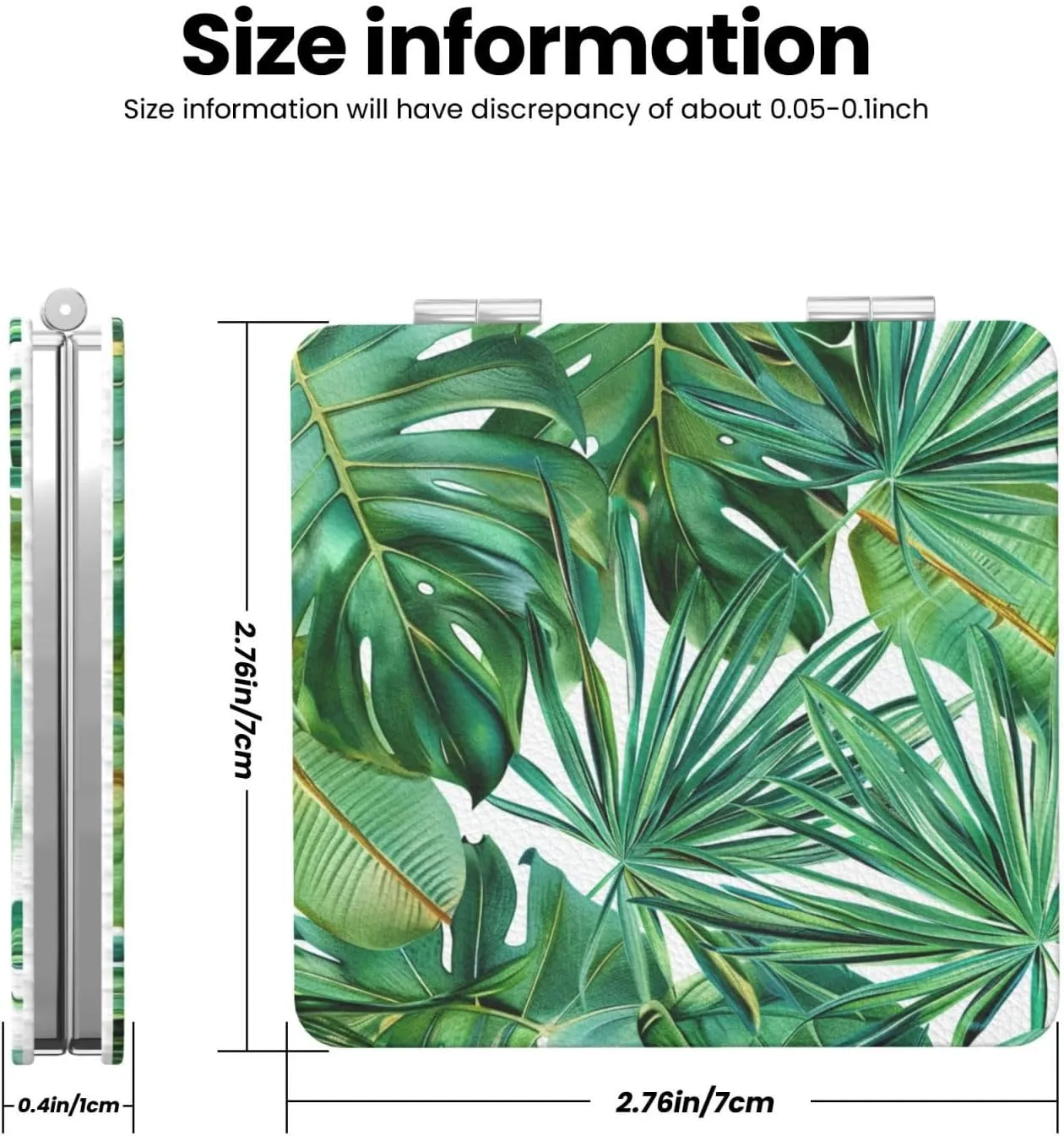 Tropical Palm Banana Leaves Printed Square Pocket Makeup Mirror with 1X/2X Magnification, Portable Mini Travel Makeup Mirror for Travel Daily Work Beauty