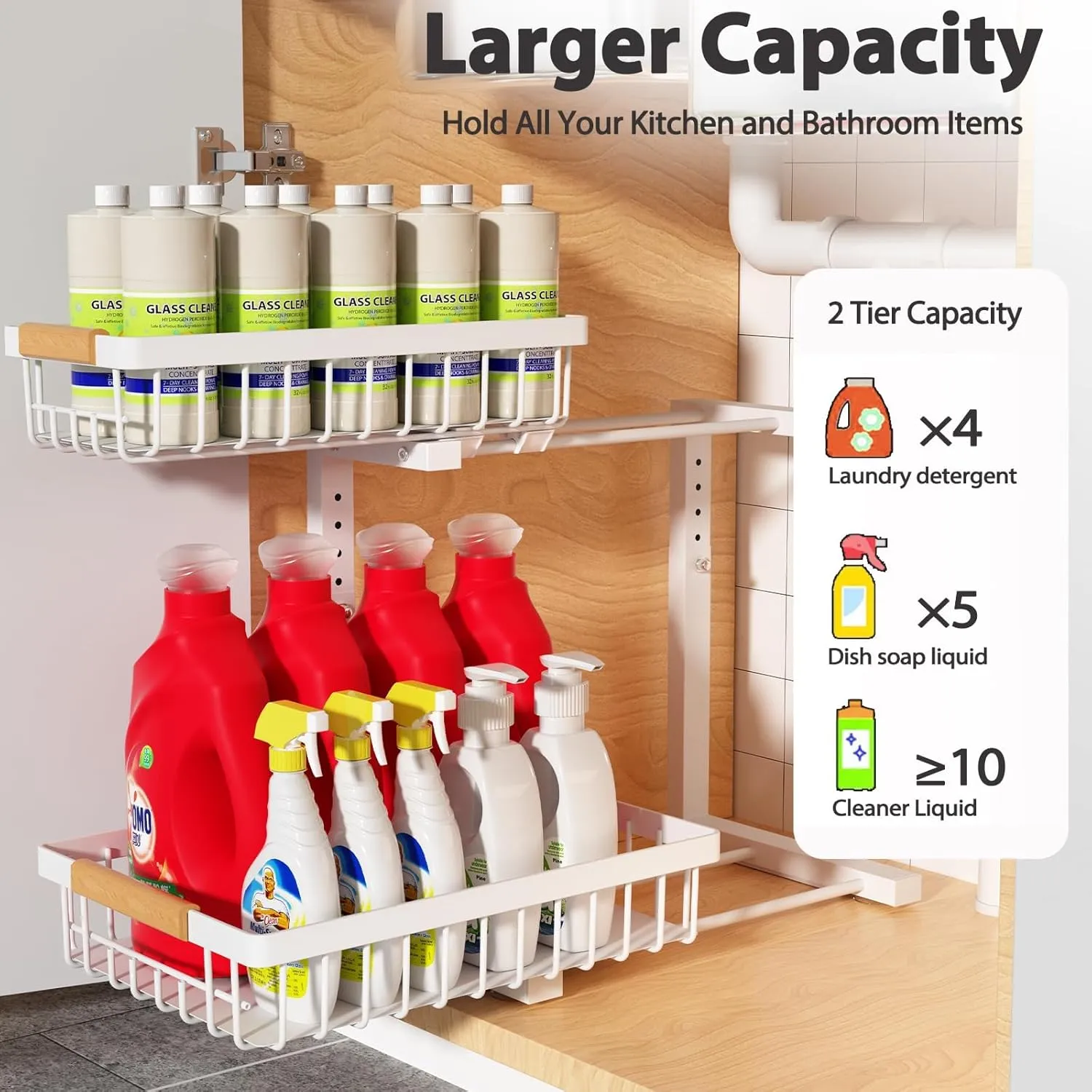 Under Sink Organizer 2 pack, 2 Tier Slide Out Under Sink Organizers And Storage, Height Adjustable Pull Out Cabinet Drawers, Kithcen Bathroom Metal Storage Caddy Shelf, White