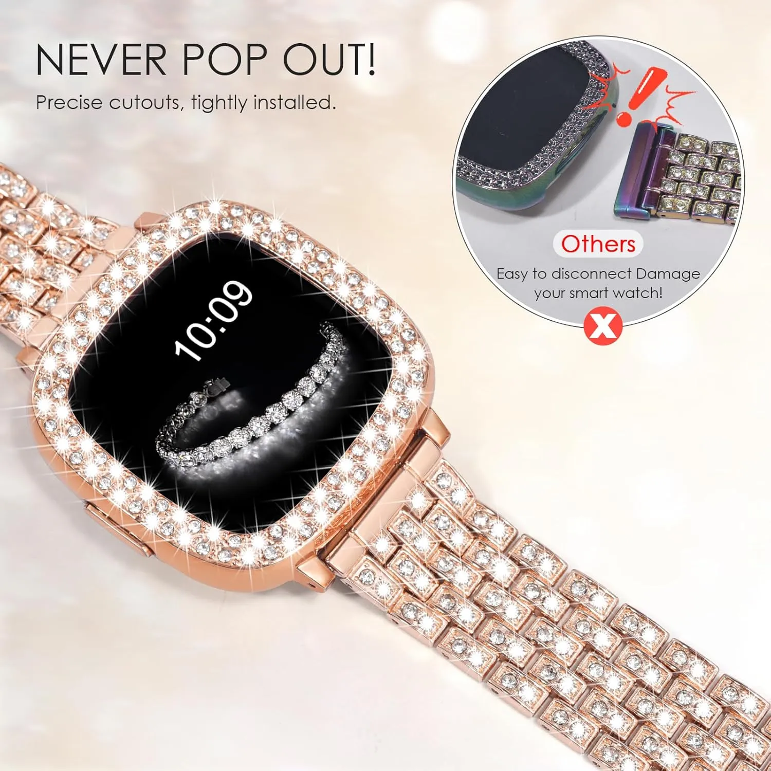 V-MORO Compatible with Fitbit Sense 2/Versa 4 Band,Adjustable Jewelry Metal Stainless Steel Smartwatch Strap Wristband With Bling Protective Case Cover for Fitbit Versa 4/Sense 2-Rose Gold Women