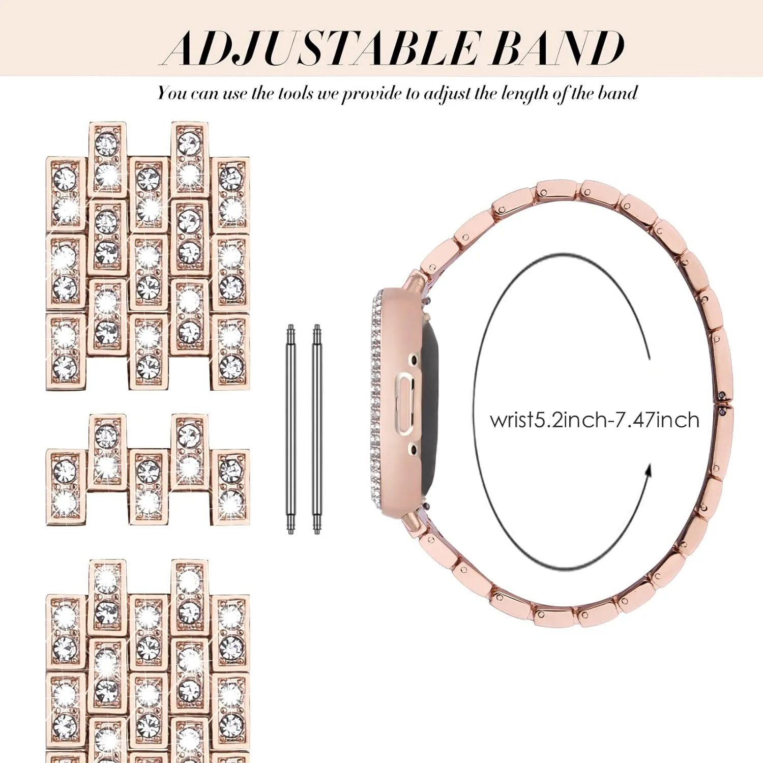 V-MORO Compatible with Fitbit Sense 2/Versa 4 Band,Adjustable Jewelry Metal Stainless Steel Smartwatch Strap Wristband With Bling Protective Case Cover for Fitbit Versa 4/Sense 2-Rose Gold Women