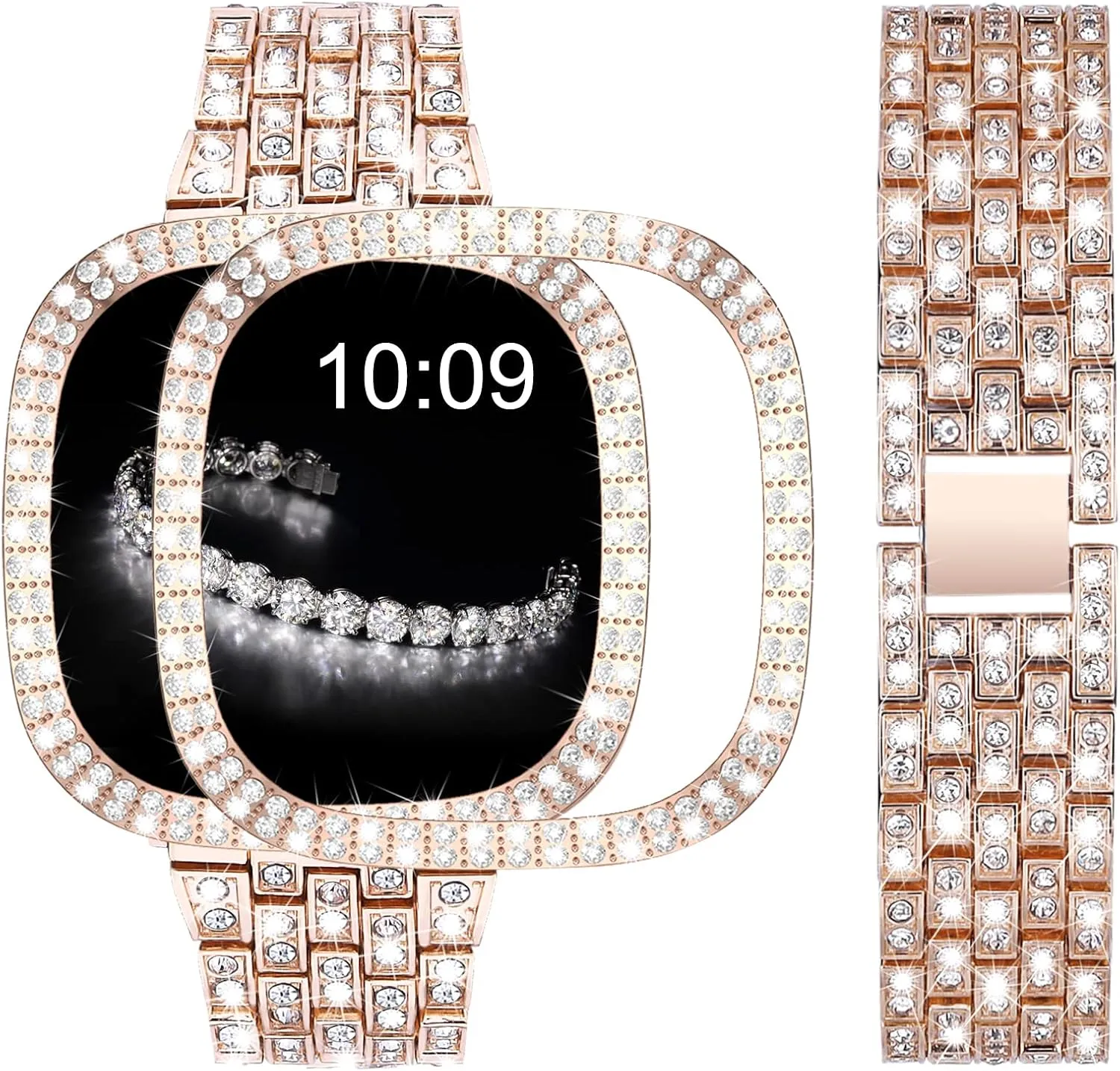 V-MORO Compatible with Fitbit Sense 2/Versa 4 Band,Adjustable Jewelry Metal Stainless Steel Smartwatch Strap Wristband With Bling Protective Case Cover for Fitbit Versa 4/Sense 2-Rose Gold Women