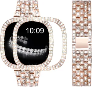 V-MORO Compatible with Fitbit Sense 2/Versa 4 Band,Adjustable Jewelry Metal Stainless Steel Smartwatch Strap Wristband With Bling Protective Case Cover for Fitbit Versa 4/Sense 2-Rose Gold Women