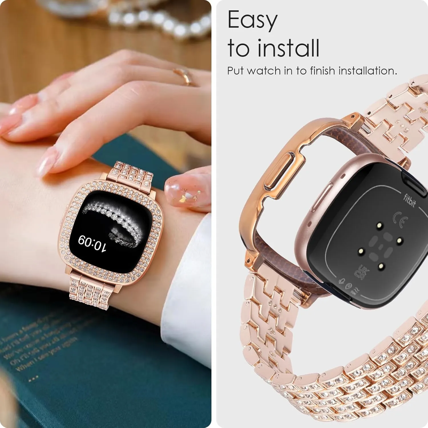V-MORO Compatible with Fitbit Sense 2/Versa 4 Band,Adjustable Jewelry Metal Stainless Steel Smartwatch Strap Wristband With Bling Protective Case Cover for Fitbit Versa 4/Sense 2-Rose Gold Women