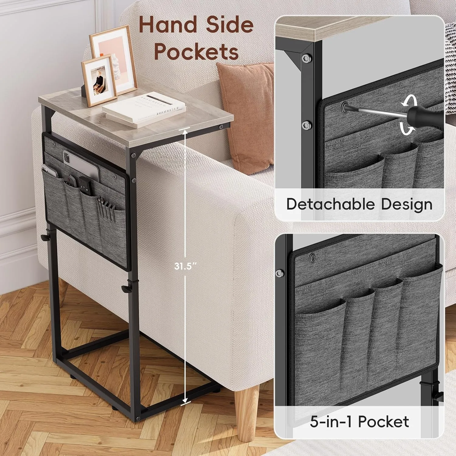 Vagusicc C Shaped End Table, 33'' Tall Side Table for Couch, Adjustable Height Small Couch Side Table for Small Spaces, End Tables for Living Room, Slide Under Sofa TV Tray with Metal Frame, Grey