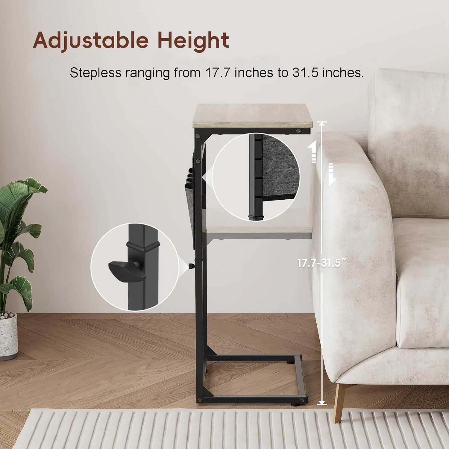 Vagusicc C Shaped End Table, 33'' Tall Side Table for Couch, Adjustable Height Small Couch Side Table for Small Spaces, End Tables for Living Room, Slide Under Sofa TV Tray with Metal Frame, Grey