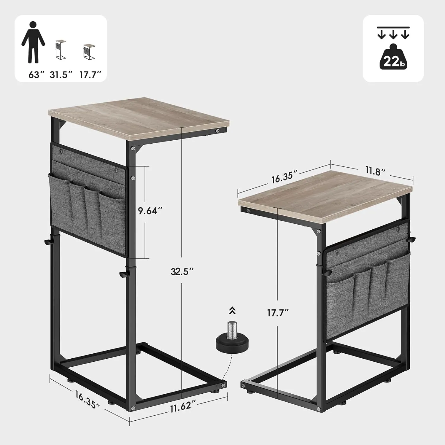 Vagusicc C Shaped End Table, 33'' Tall Side Table for Couch, Adjustable Height Small Couch Side Table for Small Spaces, End Tables for Living Room, Slide Under Sofa TV Tray with Metal Frame, Grey
