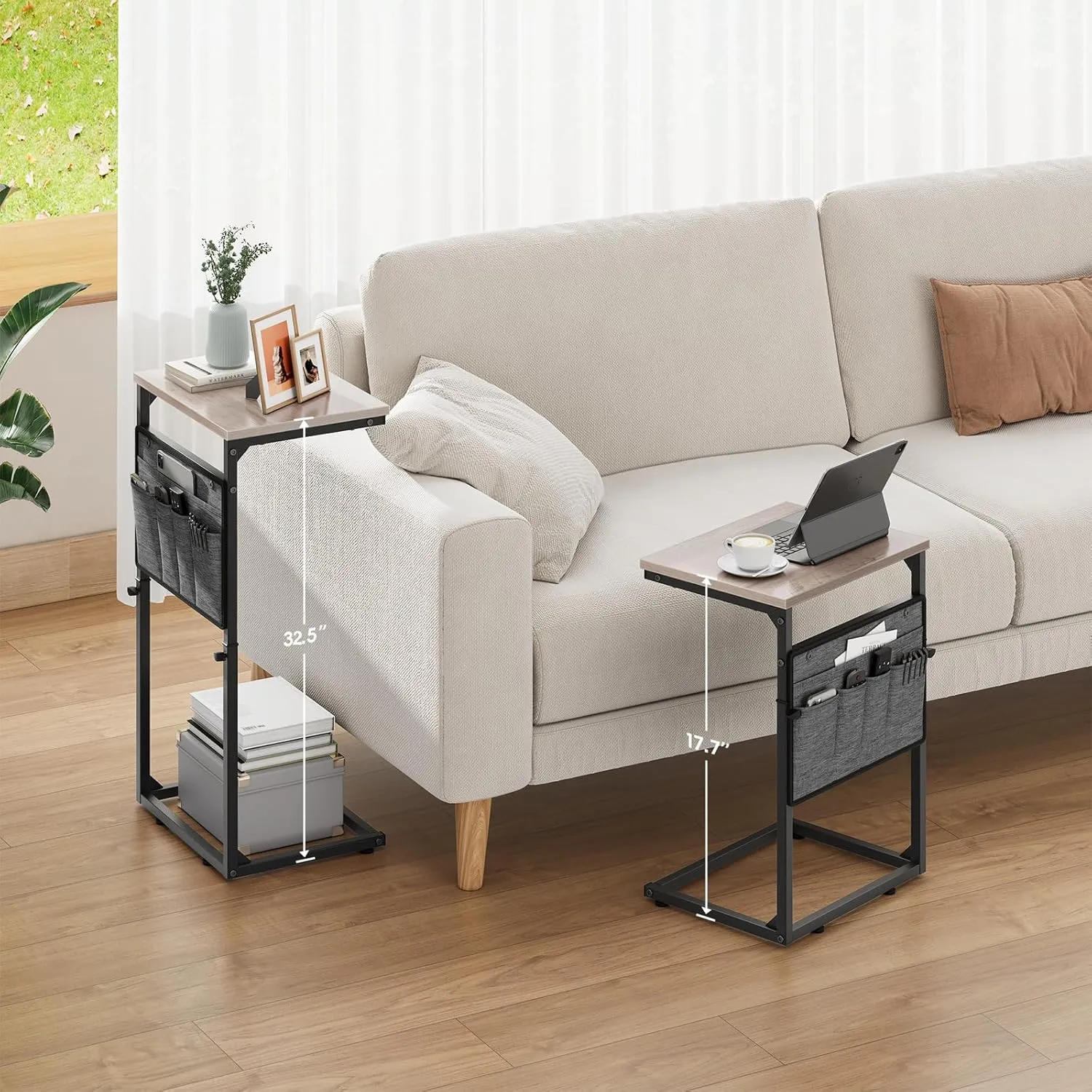 Vagusicc C Shaped End Table, 33'' Tall Side Table for Couch, Adjustable Height Small Couch Side Table for Small Spaces, End Tables for Living Room, Slide Under Sofa TV Tray with Metal Frame, Grey