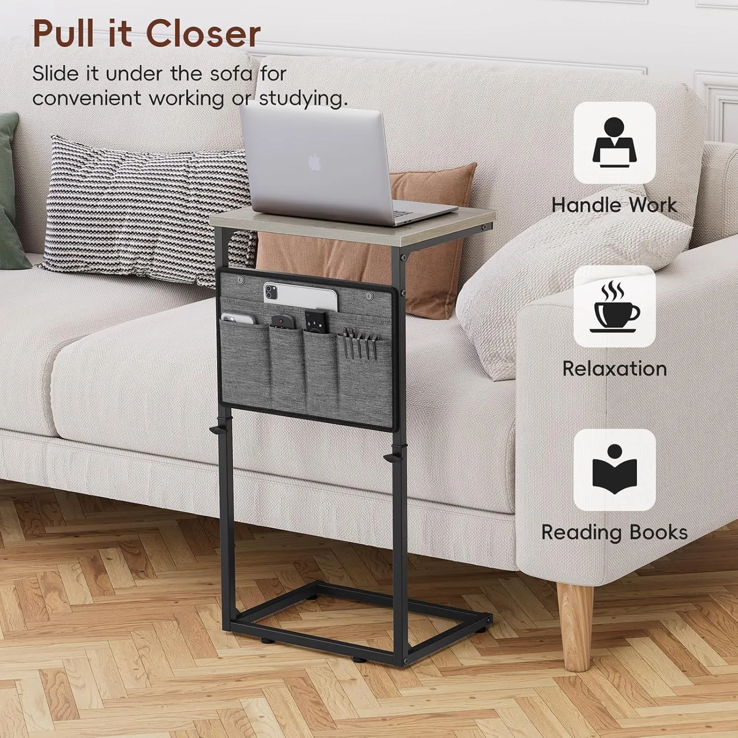Vagusicc C Shaped End Table, 33'' Tall Side Table for Couch, Adjustable Height Small Couch Side Table for Small Spaces, End Tables for Living Room, Slide Under Sofa TV Tray with Metal Frame, Grey