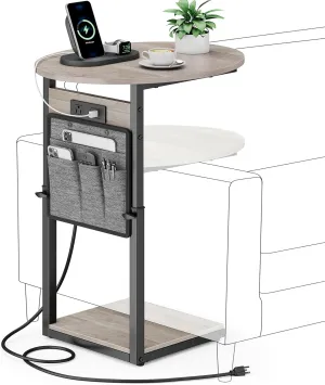 Vagusicc C Shaped End Table with Charging Station, 32" Tall Side Table for Couch and Recliner, Adjustable Height Small Couch Side Table Slide Under Sofa TV Tray Table for Living Room, Bedroom, Greige
