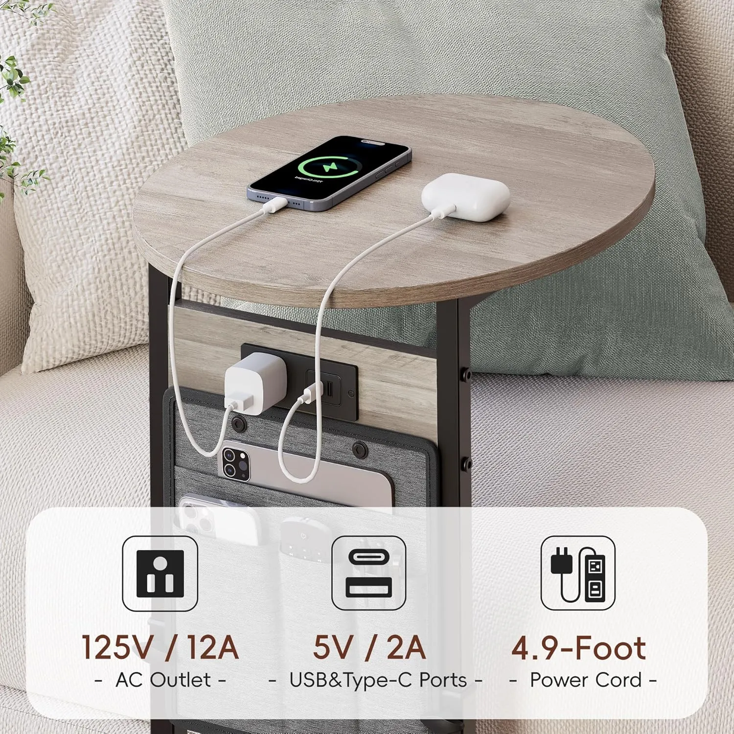 Vagusicc C Shaped End Table with Charging Station, 32" Tall Side Table for Couch and Recliner, Adjustable Height Small Couch Side Table Slide Under Sofa TV Tray Table for Living Room, Bedroom, Greige