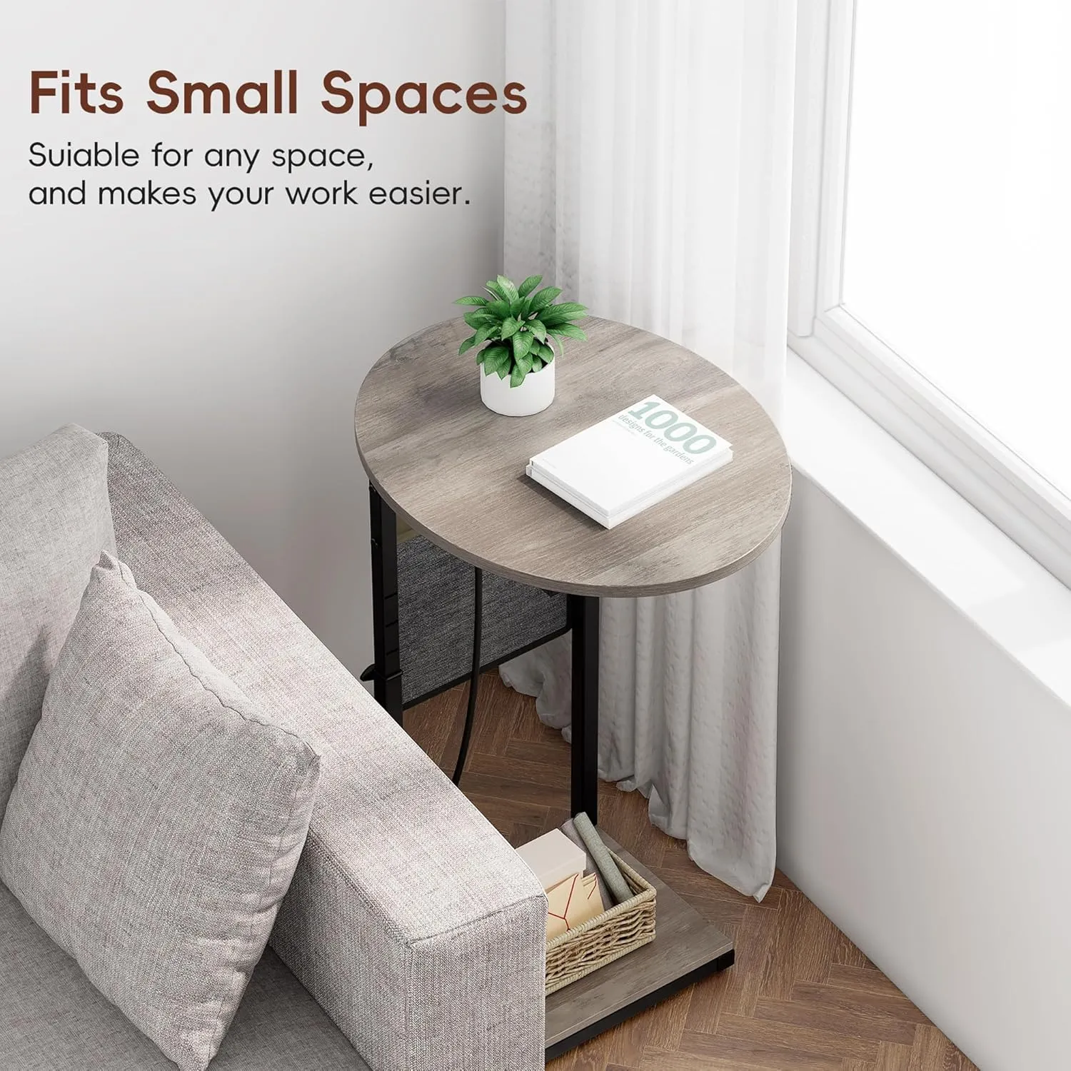 Vagusicc C Shaped End Table with Charging Station, 32" Tall Side Table for Couch and Recliner, Adjustable Height Small Couch Side Table Slide Under Sofa TV Tray Table for Living Room, Bedroom, Greige