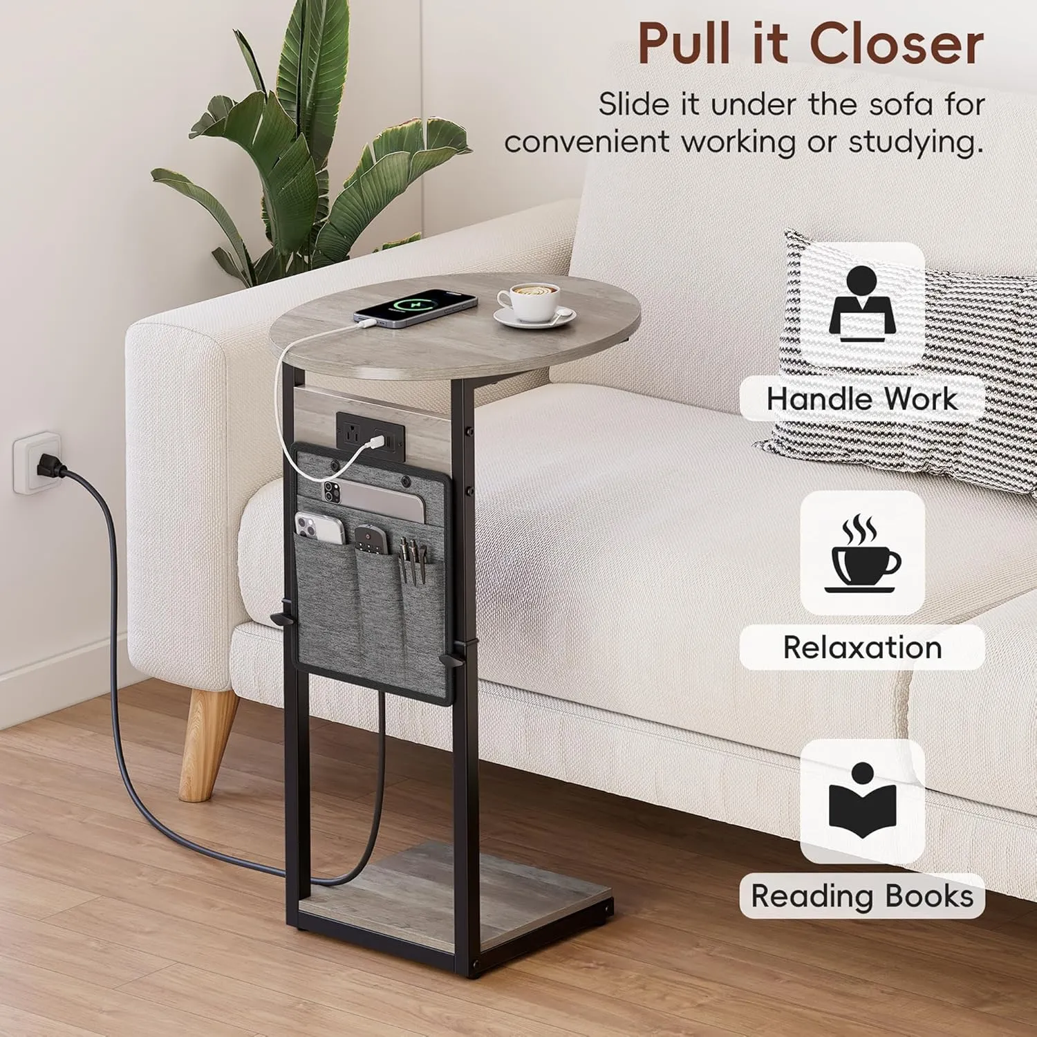 Vagusicc C Shaped End Table with Charging Station, 32" Tall Side Table for Couch and Recliner, Adjustable Height Small Couch Side Table Slide Under Sofa TV Tray Table for Living Room, Bedroom, Greige