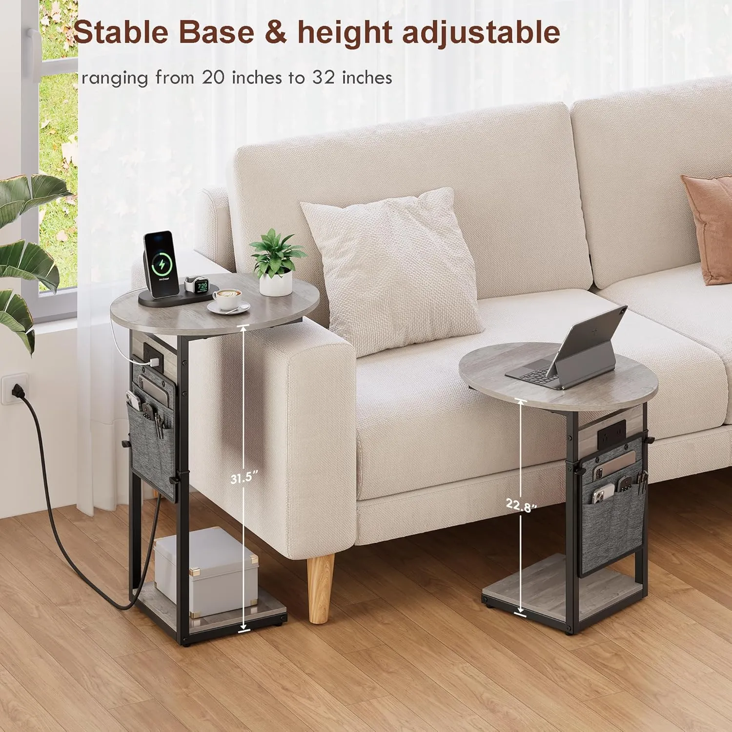 Vagusicc C Shaped End Table with Charging Station, 32" Tall Side Table for Couch and Recliner, Adjustable Height Small Couch Side Table Slide Under Sofa TV Tray Table for Living Room, Bedroom, Greige
