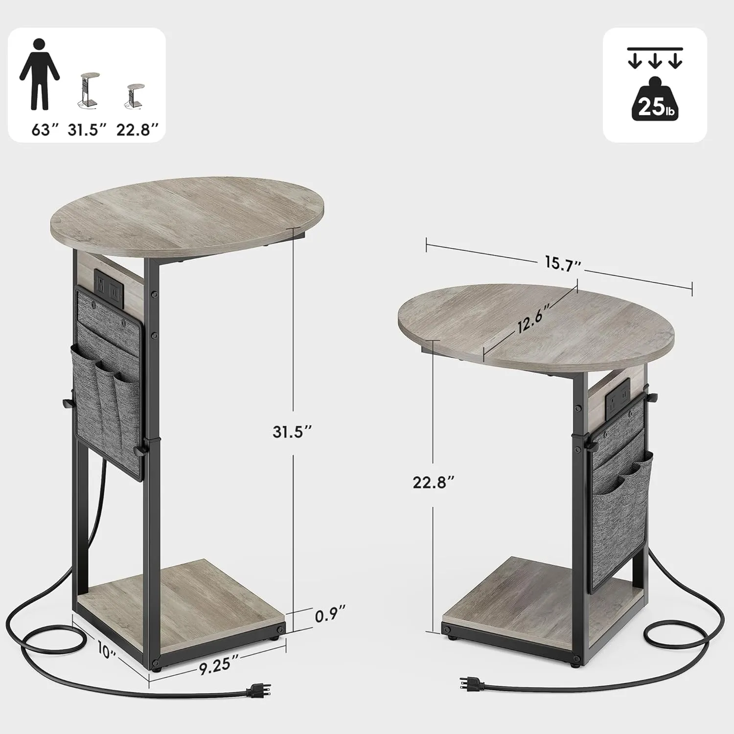 Vagusicc C Shaped End Table with Charging Station, 32" Tall Side Table for Couch and Recliner, Adjustable Height Small Couch Side Table Slide Under Sofa TV Tray Table for Living Room, Bedroom, Greige