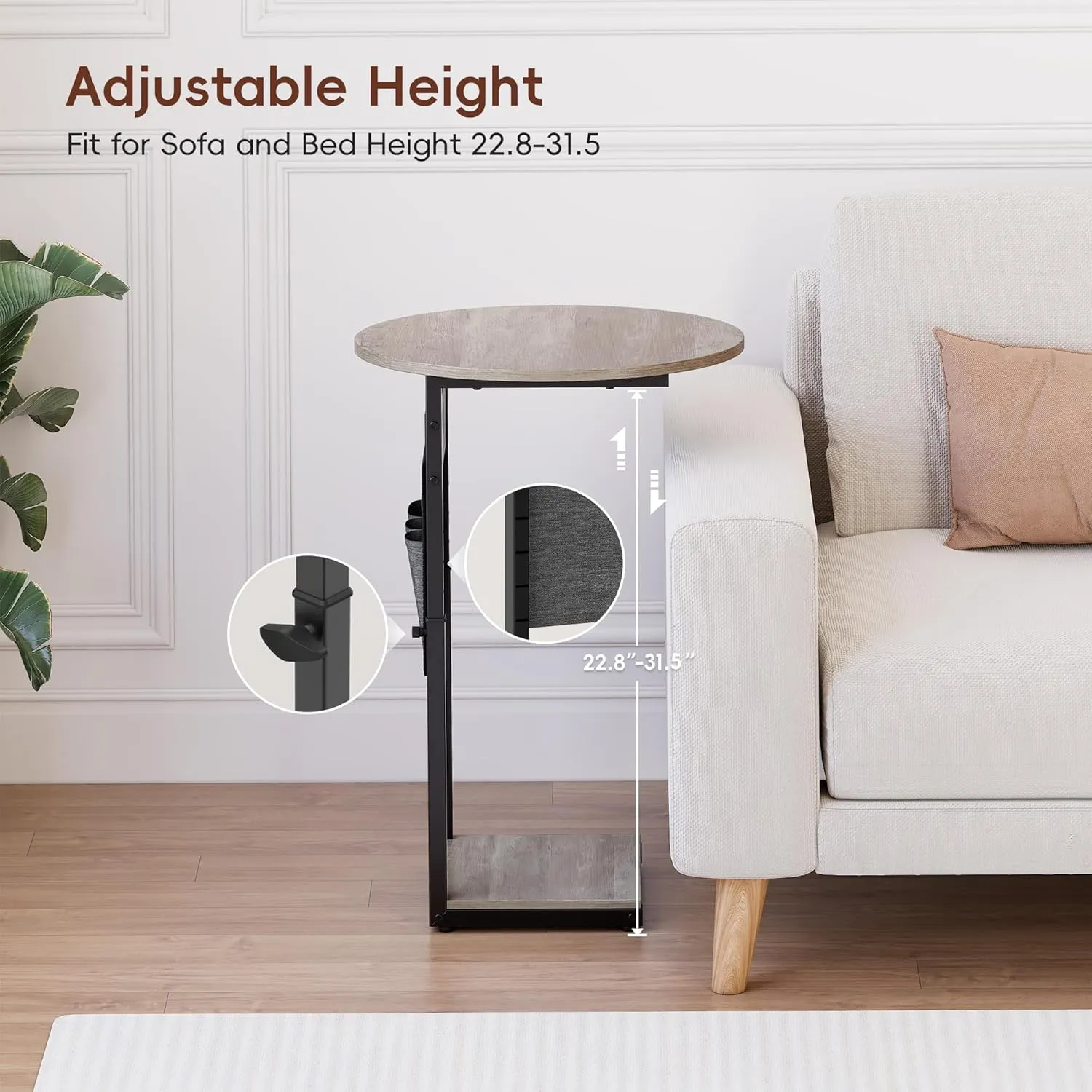 Vagusicc C Shaped End Table with Charging Station, 32" Tall Side Table for Couch and Recliner, Adjustable Height Small Couch Side Table Slide Under Sofa TV Tray Table for Living Room, Bedroom, Greige