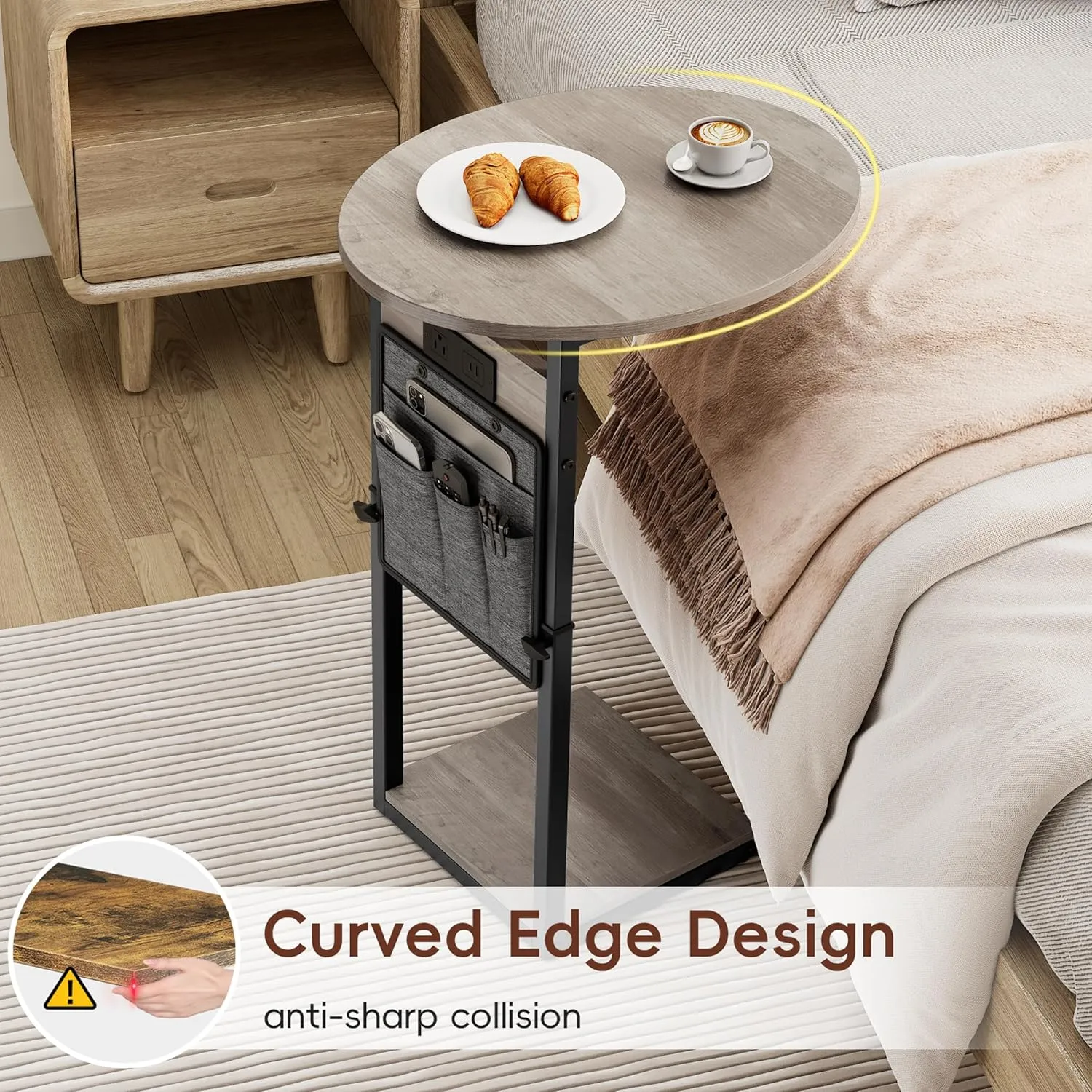 Vagusicc C Shaped End Table with Charging Station, 32" Tall Side Table for Couch and Recliner, Adjustable Height Small Couch Side Table Slide Under Sofa TV Tray Table for Living Room, Bedroom, Greige