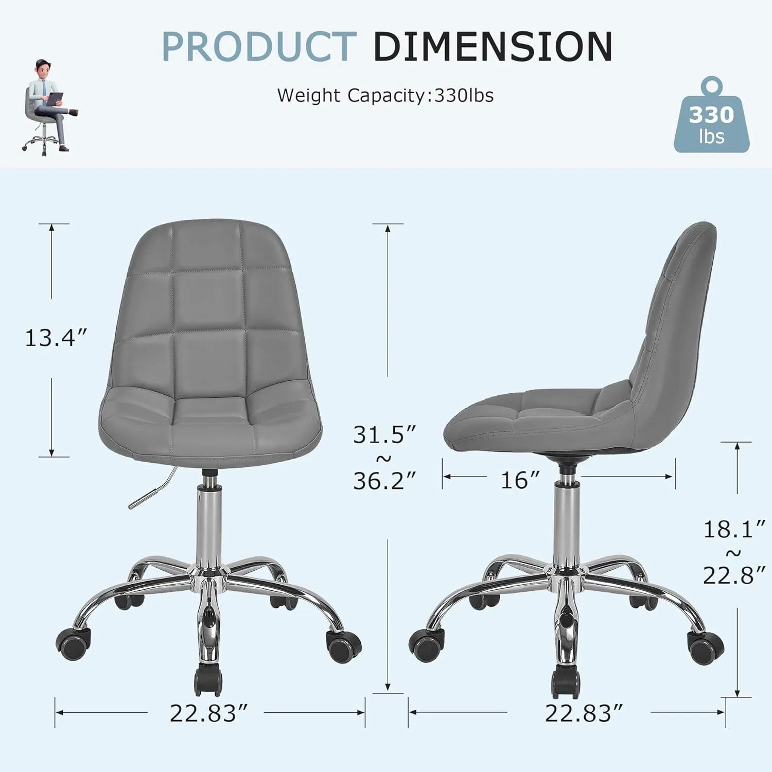 VECELO Armless Home Office Desk Chair, Height Adjustable, PU Leather 360 Degree Swivel with Wheels, Stylish Casual Vanity Seat for Study, Work, Makeup, Leisure, Weight up to 330 Lbs, Grey