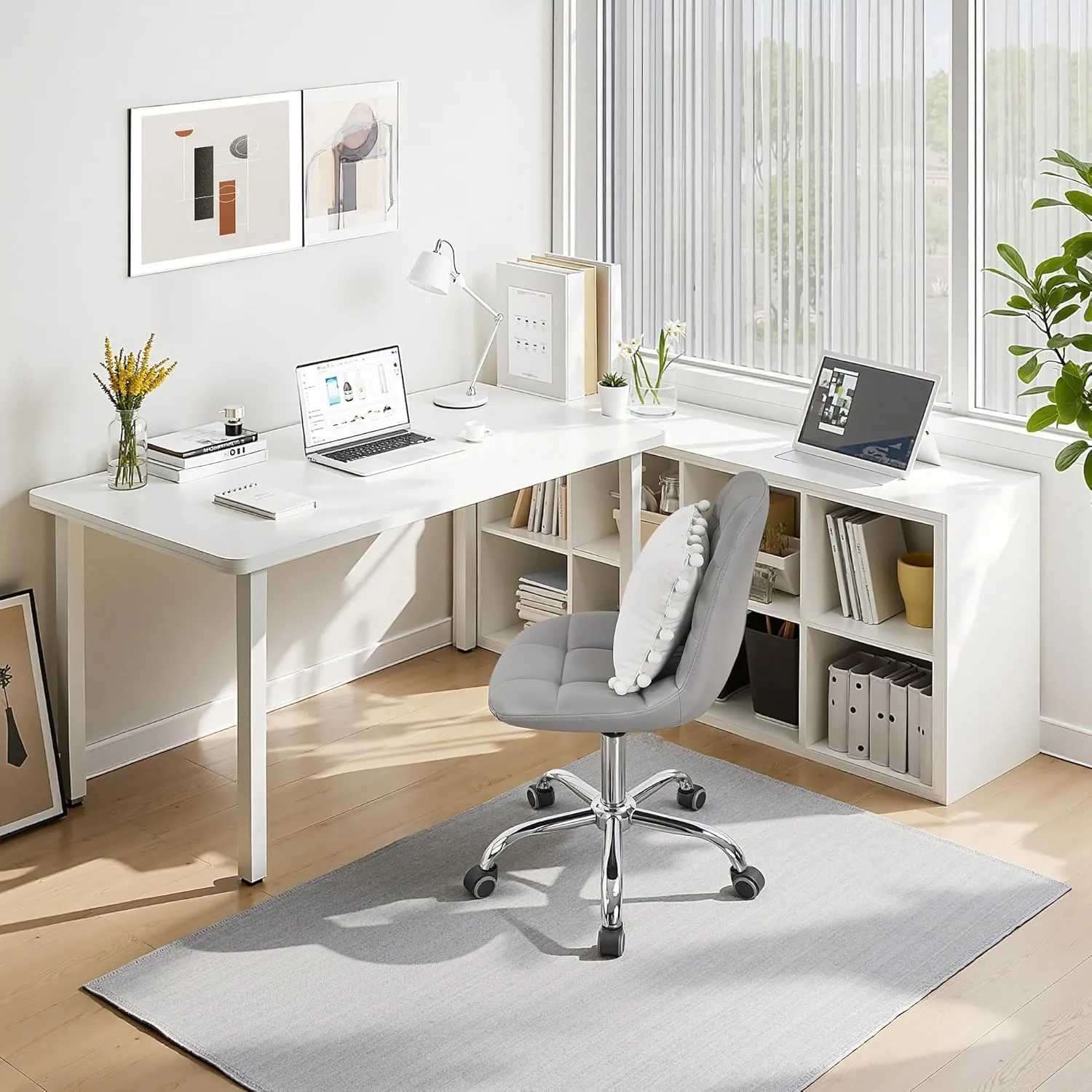 VECELO Armless Home Office Desk Chair, Height Adjustable, PU Leather 360 Degree Swivel with Wheels, Stylish Casual Vanity Seat for Study, Work, Makeup, Leisure, Weight up to 330 Lbs, Grey