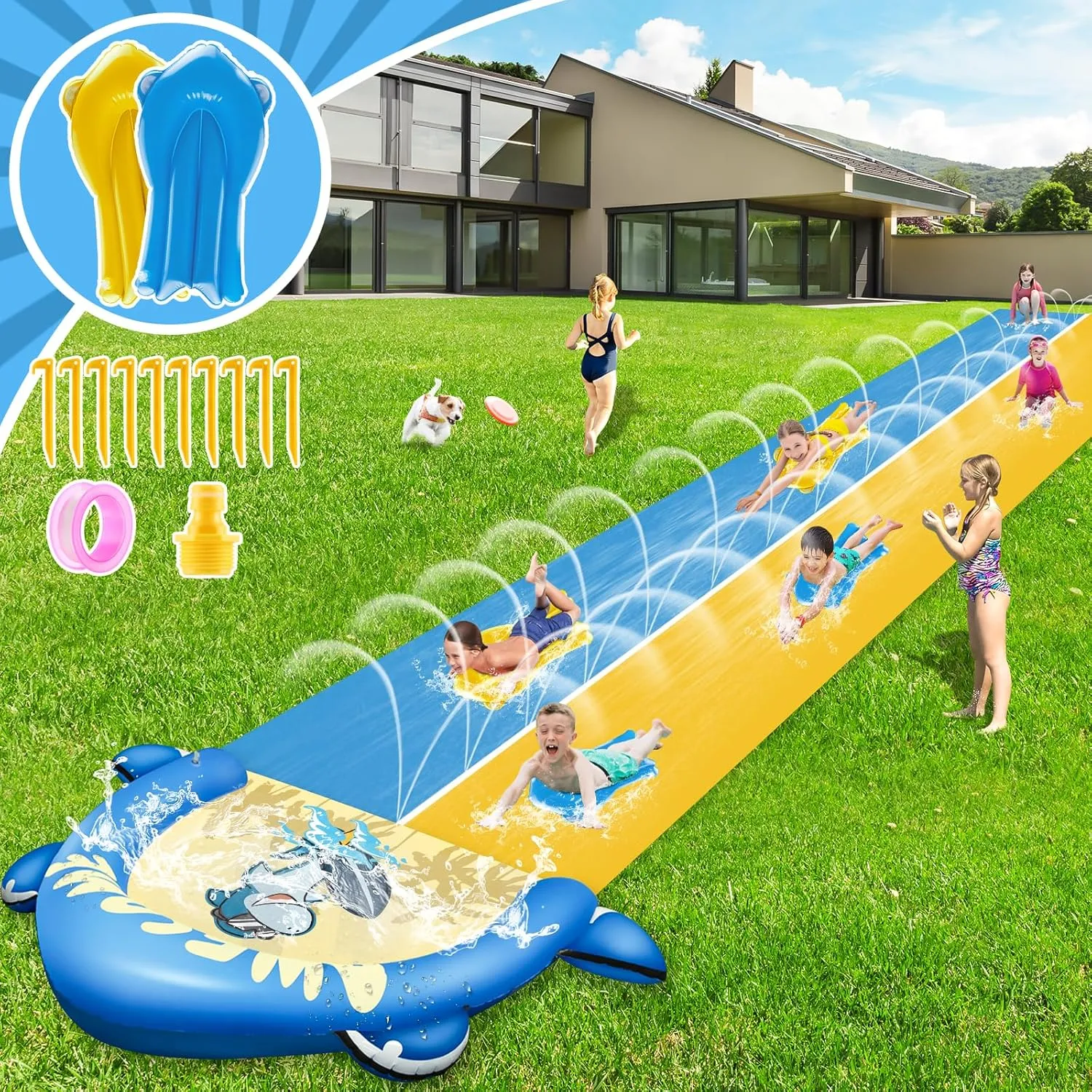 VEEST 30FT Extra Long Water Slide for Kids Adults, Giant Double Lawn Water Slip Heavy Duty with 2 Bodyboards, Summer Water Slide Toys with Crash Pad for Backyard Outdoor