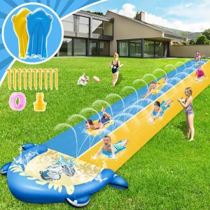 VEEST 30FT Extra Long Water Slide for Kids Adults, Giant Double Lawn Water Slip Heavy Duty with 2 Bodyboards, Summer Water Slide Toys with Crash Pad for Backyard Outdoor