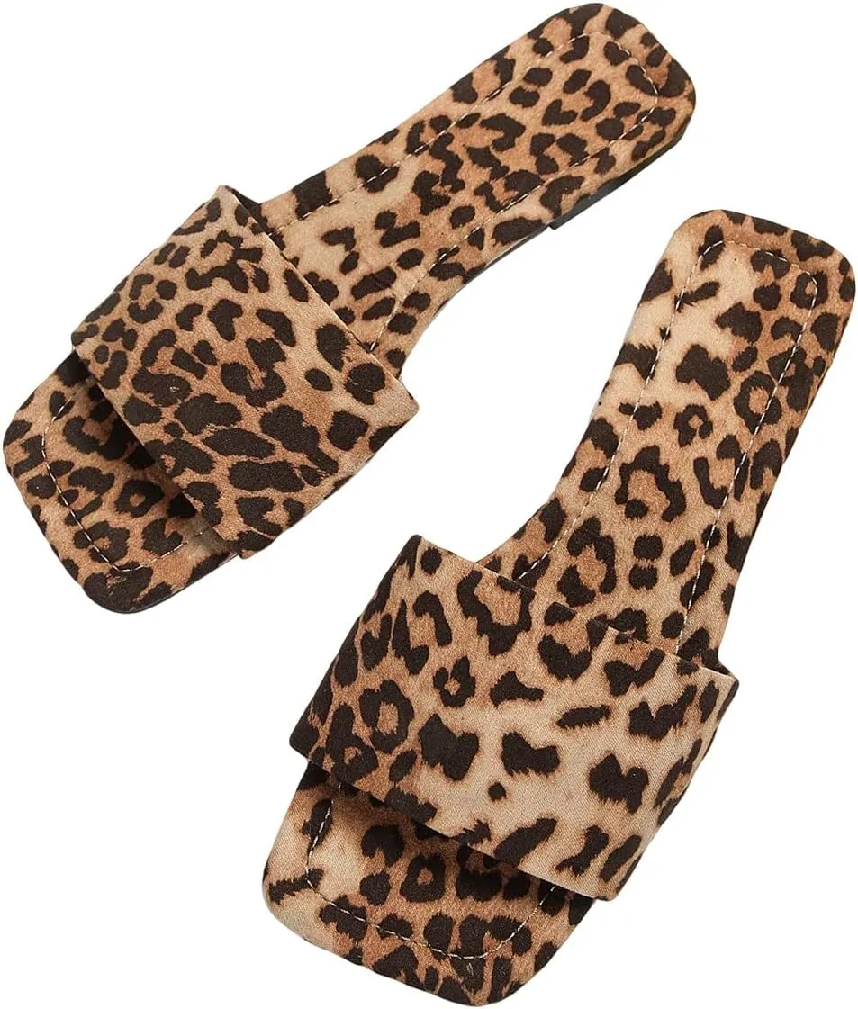 Verdusa Women's Square Toe Leopard Print Sandals Summer Slip On Slide Sandals