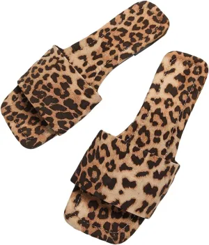 Verdusa Women's Square Toe Leopard Print Sandals Summer Slip On Slide Sandals