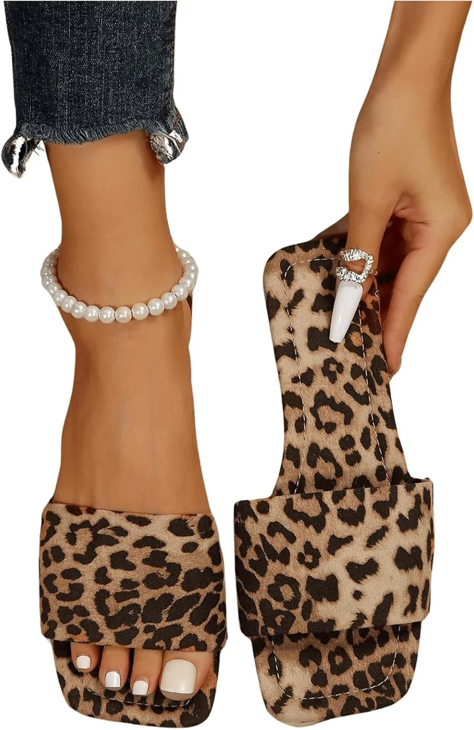 Verdusa Women's Square Toe Leopard Print Sandals Summer Slip On Slide Sandals