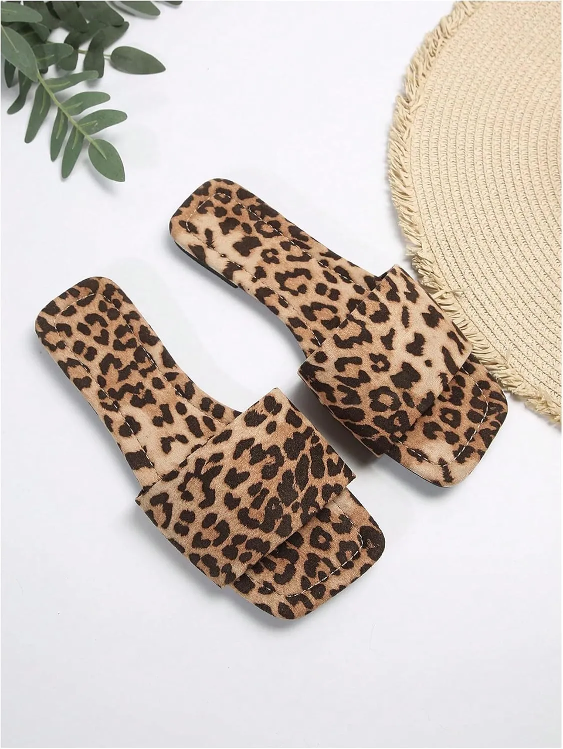 Verdusa Women's Square Toe Leopard Print Sandals Summer Slip On Slide Sandals