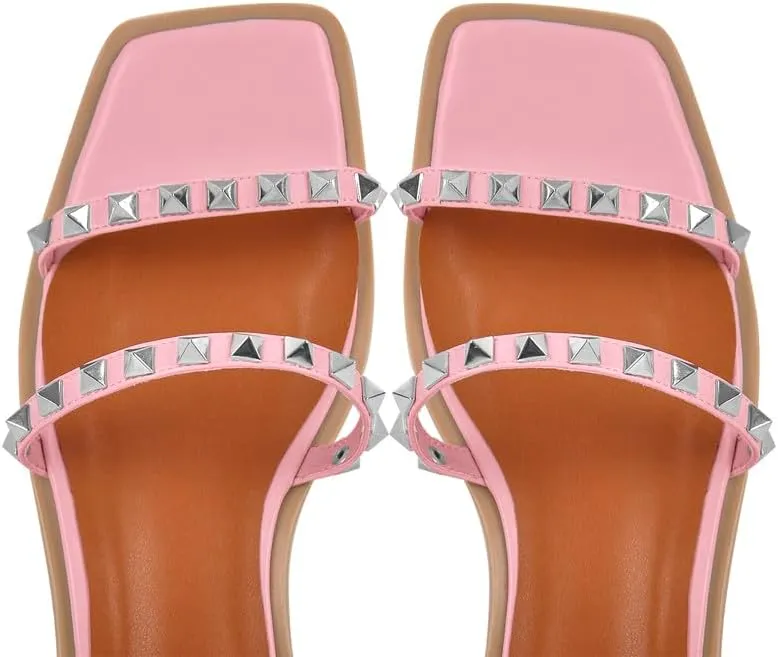 VERISSON Flat Sandals with Buckle Strap for Women Square Toe PU Leather Casual Comfortable Rivets Studded Ballerina Shoes