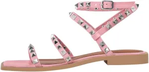 VERISSON Flat Sandals with Buckle Strap for Women Square Toe PU Leather Casual Comfortable Rivets Studded Ballerina Shoes