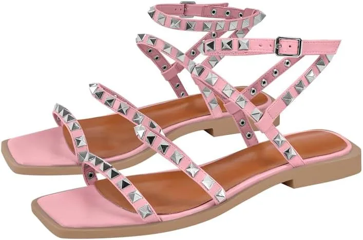 VERISSON Flat Sandals with Buckle Strap for Women Square Toe PU Leather Casual Comfortable Rivets Studded Ballerina Shoes