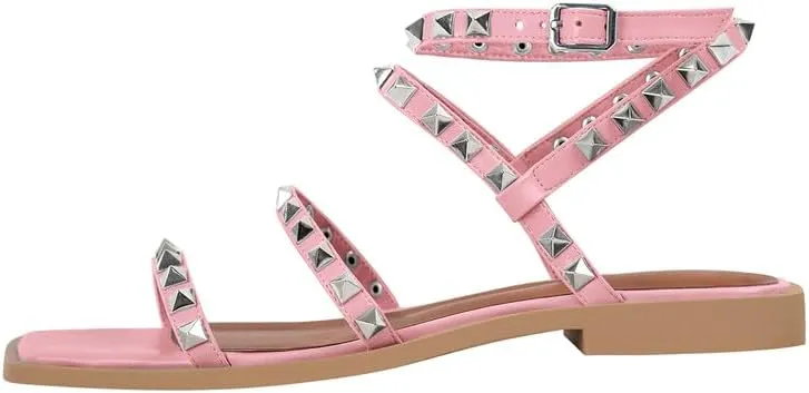 VERISSON Flat Sandals with Buckle Strap for Women Square Toe PU Leather Casual Comfortable Rivets Studded Ballerina Shoes