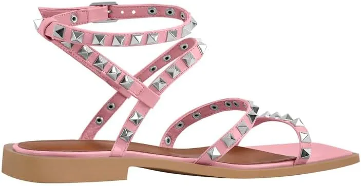 VERISSON Flat Sandals with Buckle Strap for Women Square Toe PU Leather Casual Comfortable Rivets Studded Ballerina Shoes