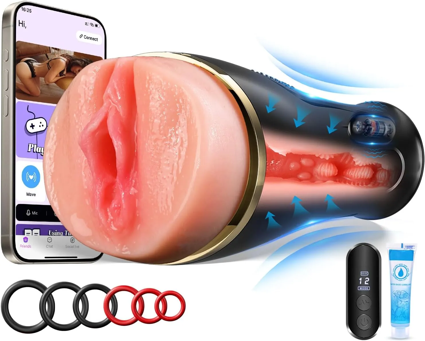 Vibrating Male Masturbator Sex Toys - 7.5" Depth Squeezable App Control Male Vibrator Stroker with 12 Vibrations, Plump Fleshy Realistic Pocket Pussy Vagina Blowjob Adult Sex Toys for Men Masturbating