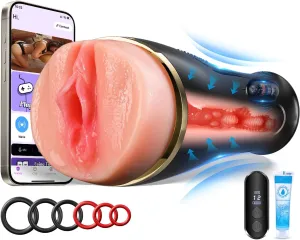 Vibrating Male Masturbator Sex Toys - 7.5" Depth Squeezable App Control Male Vibrator Stroker with 12 Vibrations, Plump Fleshy Realistic Pocket Pussy Vagina Blowjob Adult Sex Toys for Men Masturbating