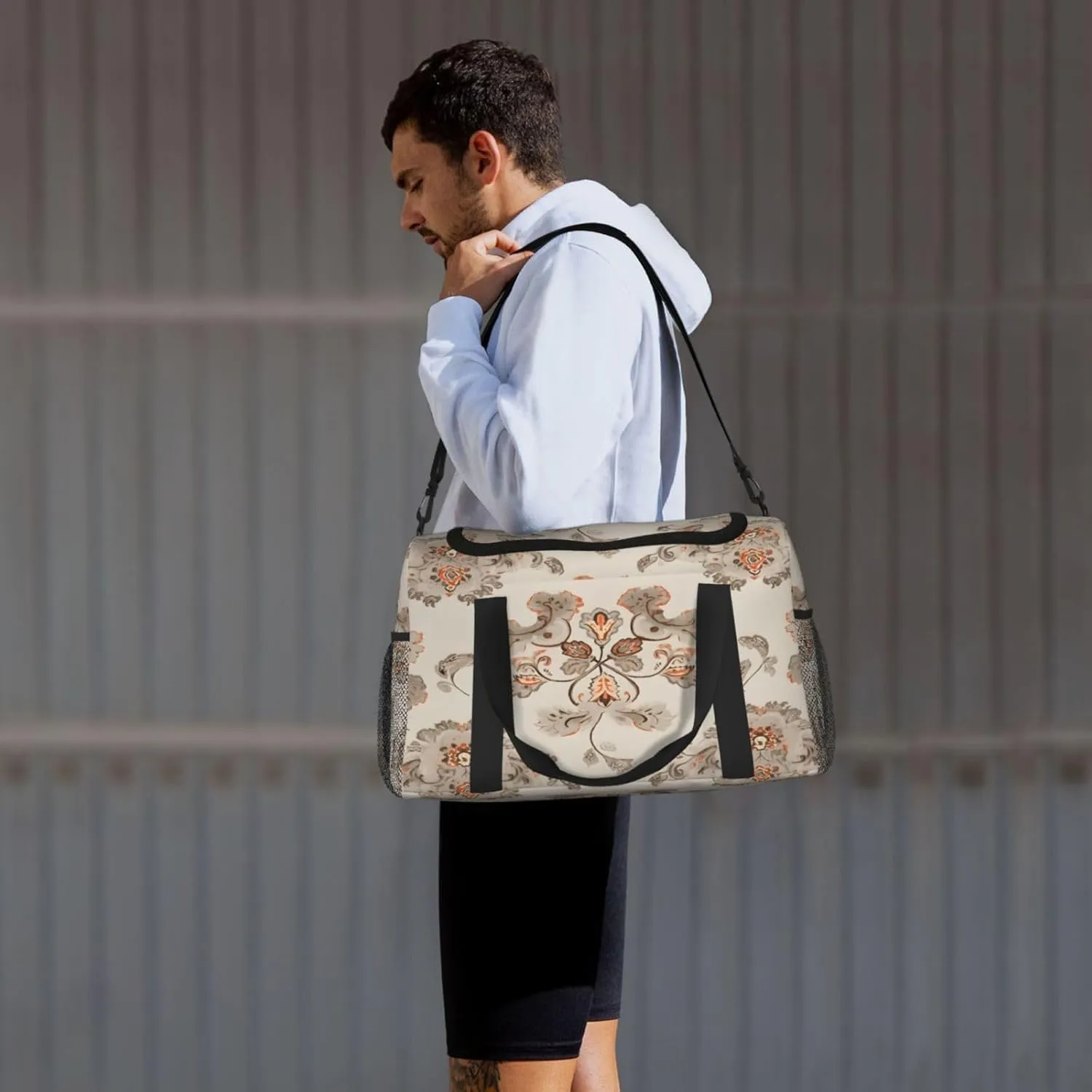Vintage Ethnic Flower Travel Duffel Bag with Strap Multi Pockets Sports Bag Handbag Large Shoulder Bag for Gym Weekend Fitness Camping