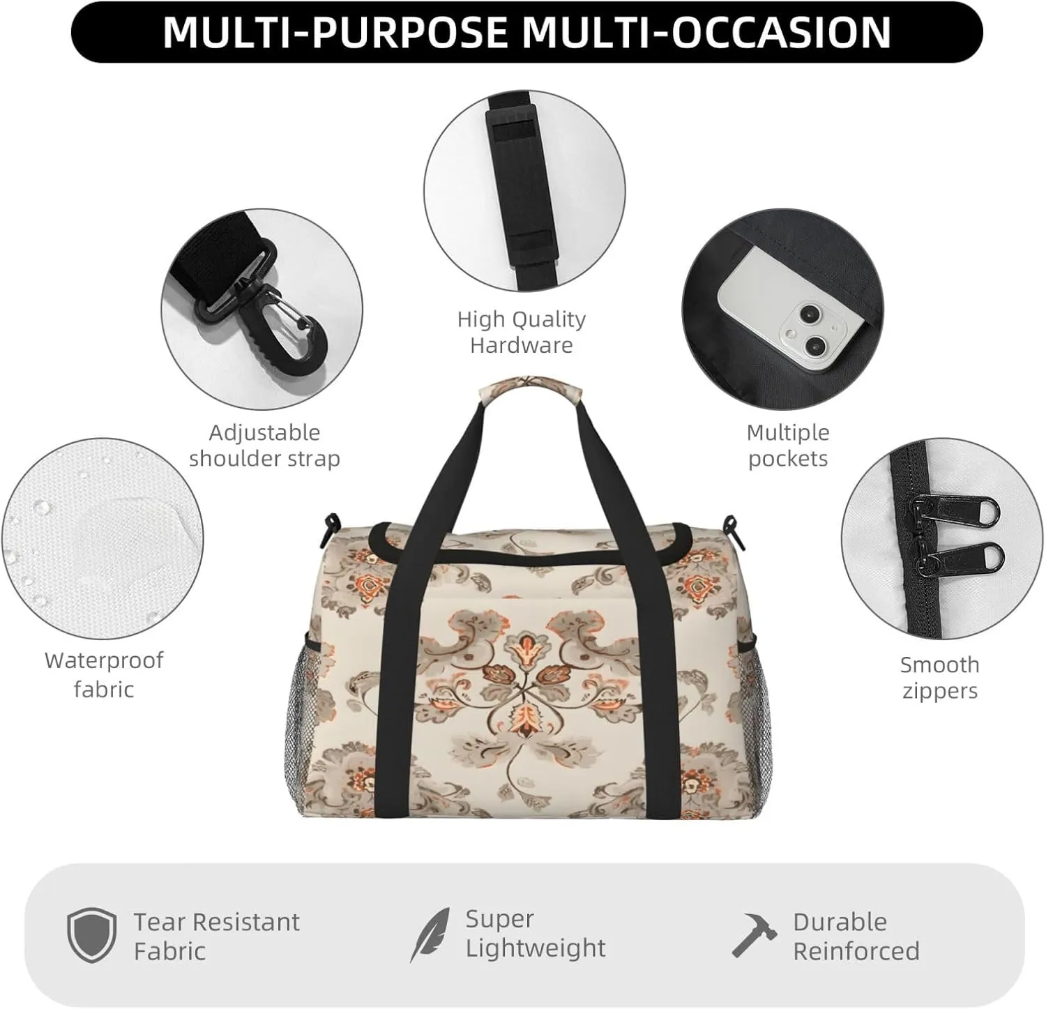 Vintage Ethnic Flower Travel Duffel Bag with Strap Multi Pockets Sports Bag Handbag Large Shoulder Bag for Gym Weekend Fitness Camping