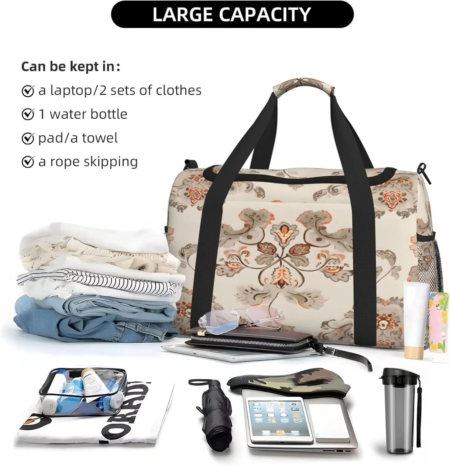 Vintage Ethnic Flower Travel Duffel Bag with Strap Multi Pockets Sports Bag Handbag Large Shoulder Bag for Gym Weekend Fitness Camping