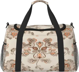 Vintage Ethnic Flower Travel Duffel Bag with Strap Multi Pockets Sports Bag Handbag Large Shoulder Bag for Gym Weekend Fitness Camping