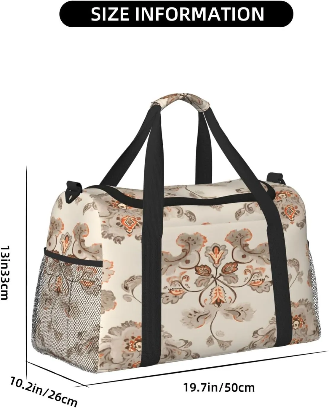 Vintage Ethnic Flower Travel Duffel Bag with Strap Multi Pockets Sports Bag Handbag Large Shoulder Bag for Gym Weekend Fitness Camping