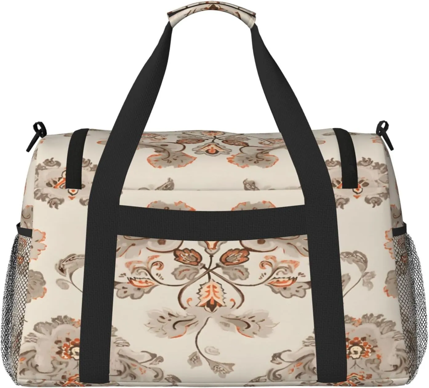 Vintage Ethnic Flower Travel Duffel Bag with Strap Multi Pockets Sports Bag Handbag Large Shoulder Bag for Gym Weekend Fitness Camping