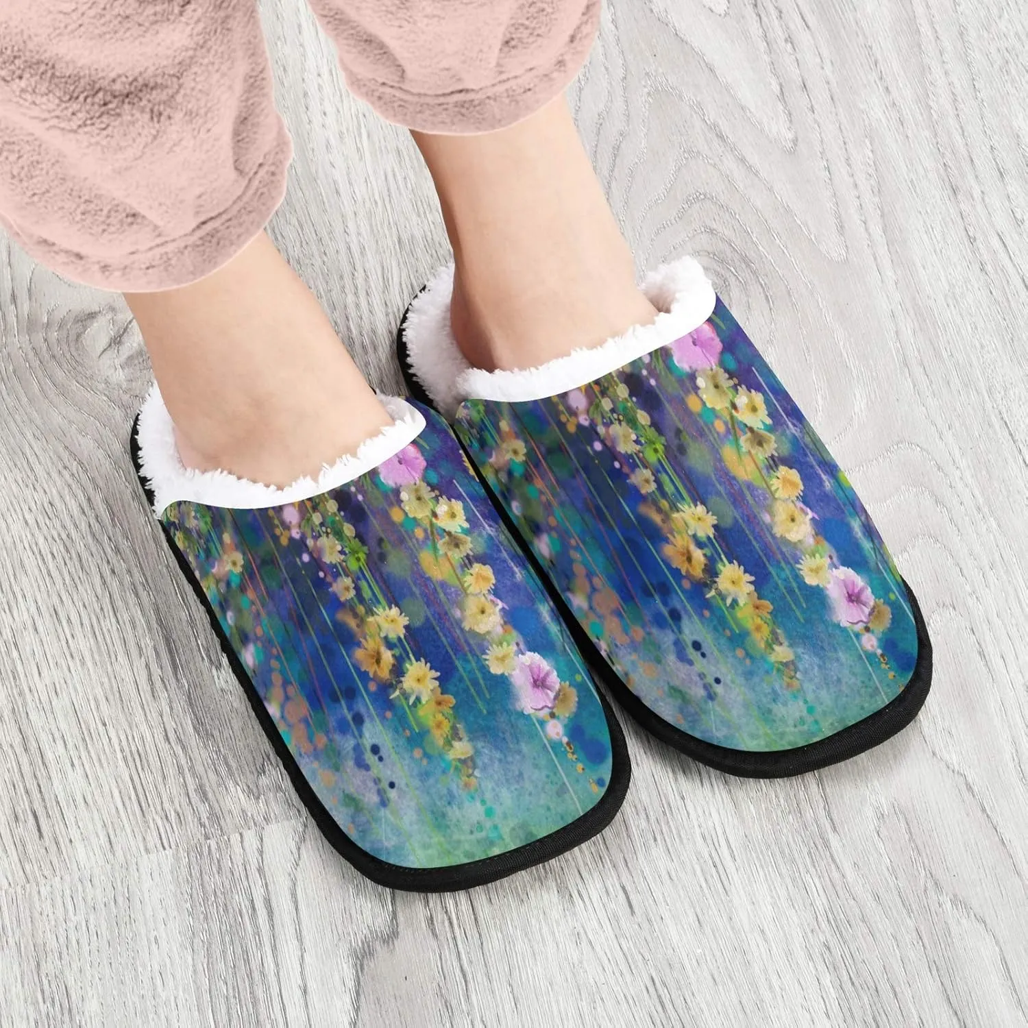 visesunny Women's Cozy Fuzzy Plush Fleece Slippers Oil Painting Ivy Flower Soft Memory Foam Ladies House Shoes Warm Bedroom Flat Shoe Anti-Slip Indoor Outdoor