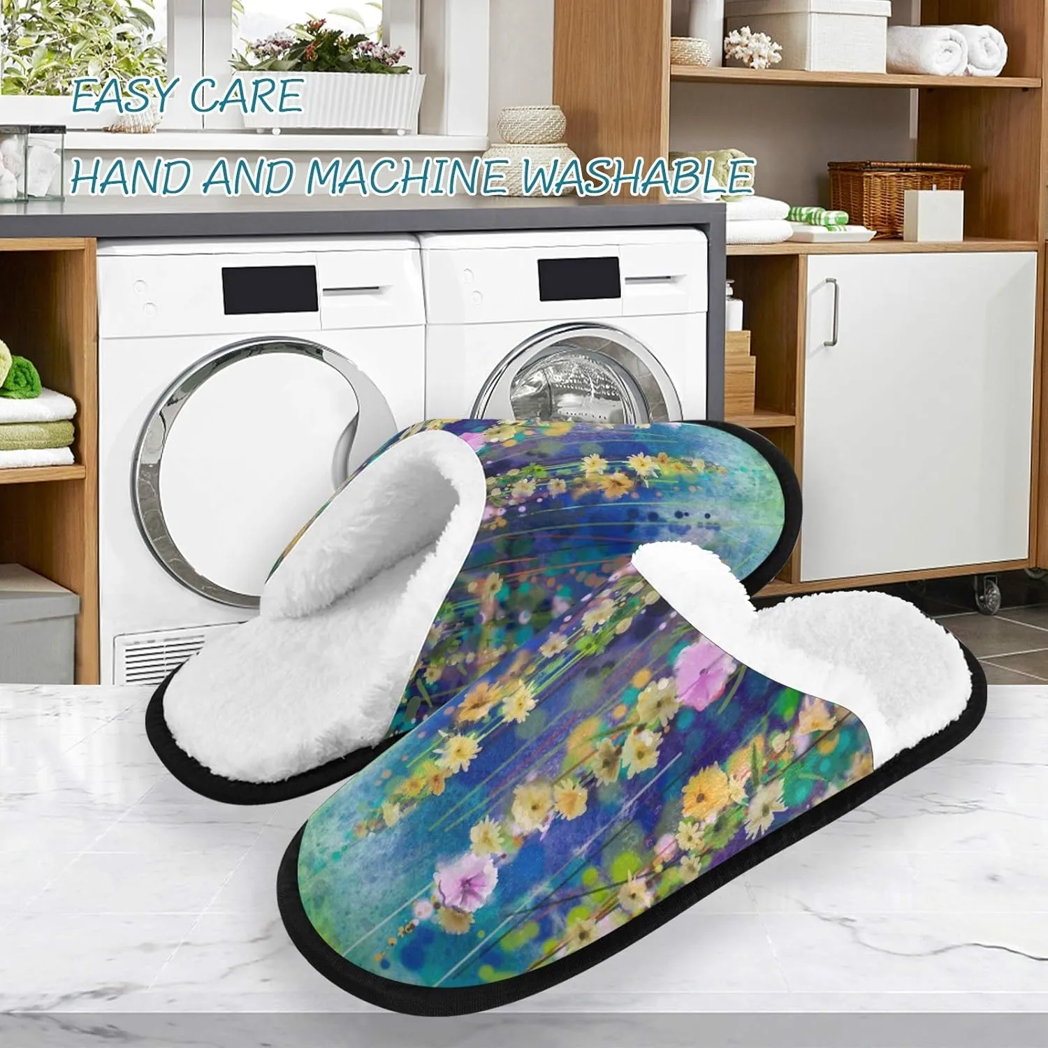 visesunny Women's Cozy Fuzzy Plush Fleece Slippers Oil Painting Ivy Flower Soft Memory Foam Ladies House Shoes Warm Bedroom Flat Shoe Anti-Slip Indoor Outdoor
