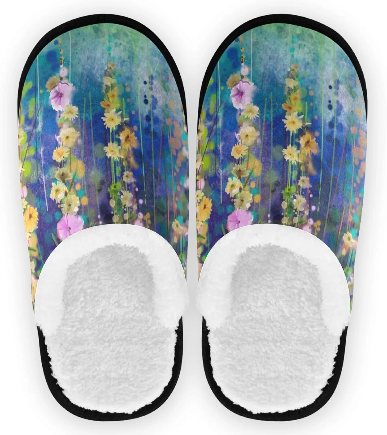 visesunny Women's Cozy Fuzzy Plush Fleece Slippers Oil Painting Ivy Flower Soft Memory Foam Ladies House Shoes Warm Bedroom Flat Shoe Anti-Slip Indoor Outdoor