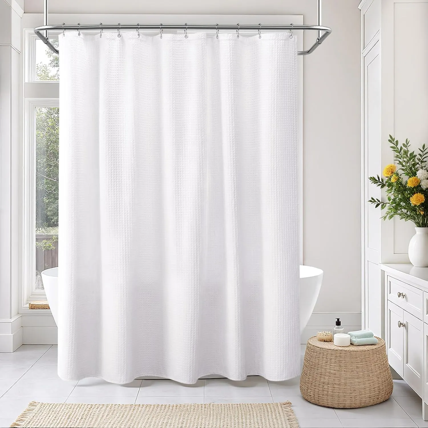 Waffle Weave Shower Curtain Cotton Fabric Texture Shower Curtain for Bathroom White,72Wx75L