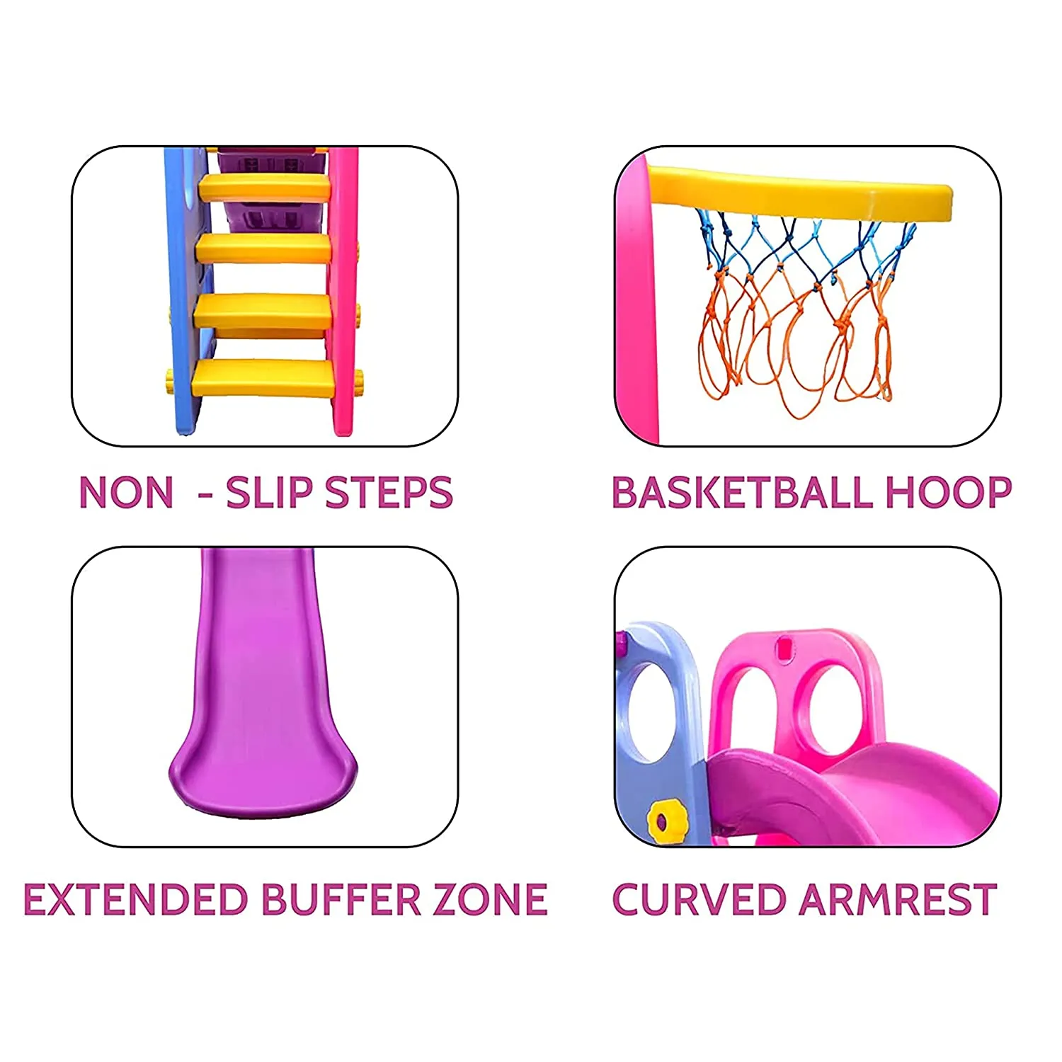 Webby Foldable Wavy Garden Slide with Adjustable Height & Basketball Ring (Multicolour)